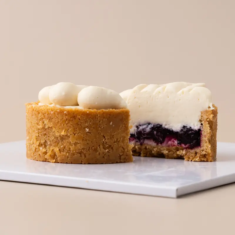 A blueberry cheesecake cut to show its layers