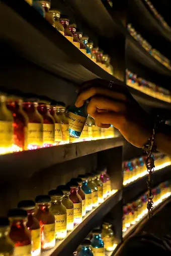 A bartender reaching for glowing bottles on the shelves